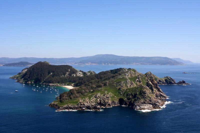 The Cíes Islands with rocky hills and blue sea
