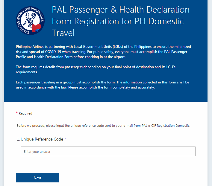 Philippine Airlines (PAL) Passenger Profile and Health Declaration (PHHD) Form for Domestic Travelers
