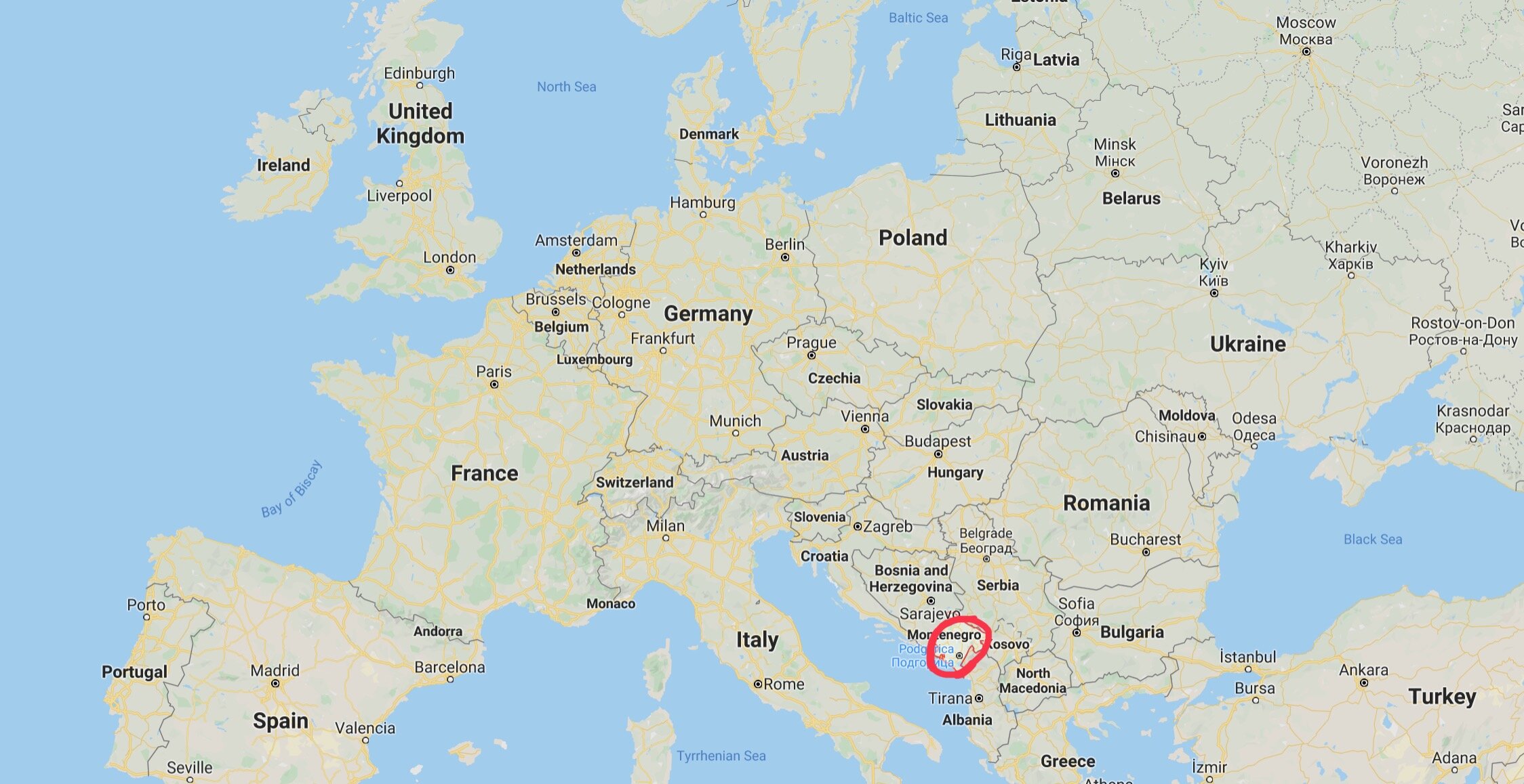 Montenegro in Europe Map