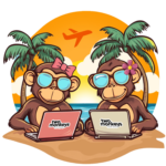 two monkeys working remotely at an island