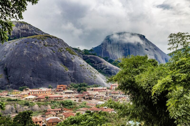 Landscape of mountains and a village