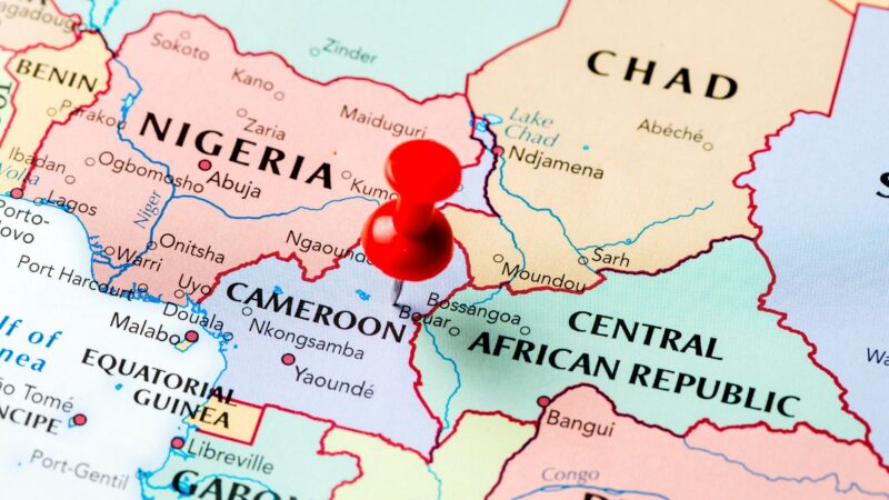 Marking Cameroon on a world map with a tack