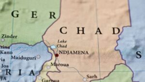 Chad on world map with mark on Lake Chad