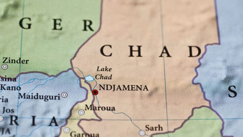 Chad on world map with mark on Lake Chad