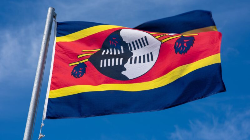 Eswatini flag on a pole waving across the blue sky