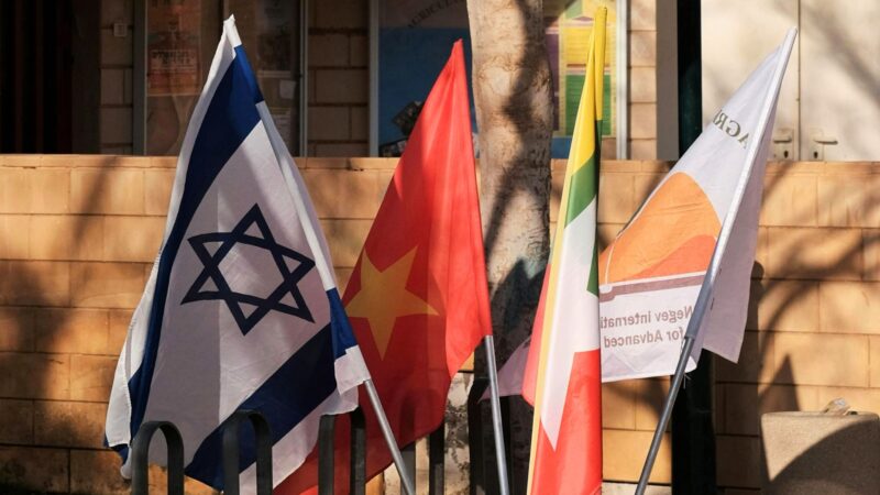 Gabon flag with other national flags on their poles