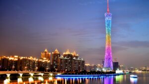 Canton Tower glowing with rainbow lights