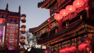 Red lanterns hanging at a Chinese temple entrance