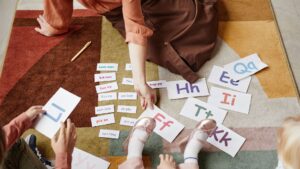 Alphabet flash cards on the floor
