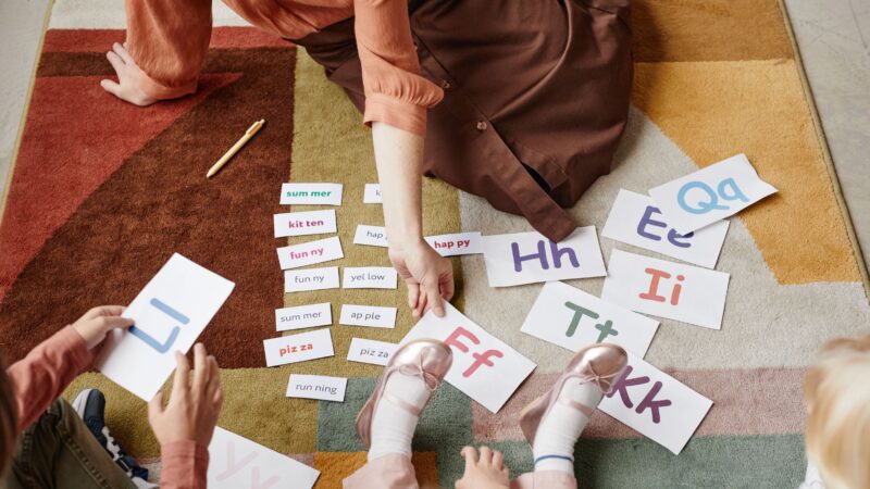Alphabet flash cards on the floor